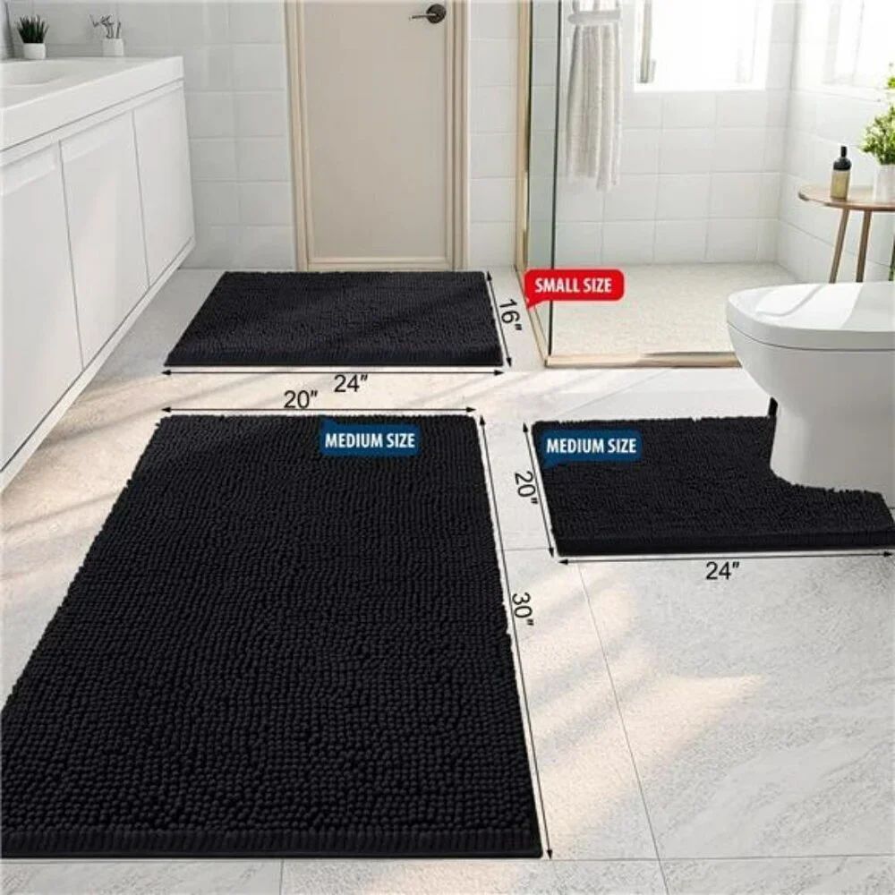 Smiry Luxury Chenille Bathroom Rug Non-Slip Shaggy Bath Mat Machine Washable Bla
